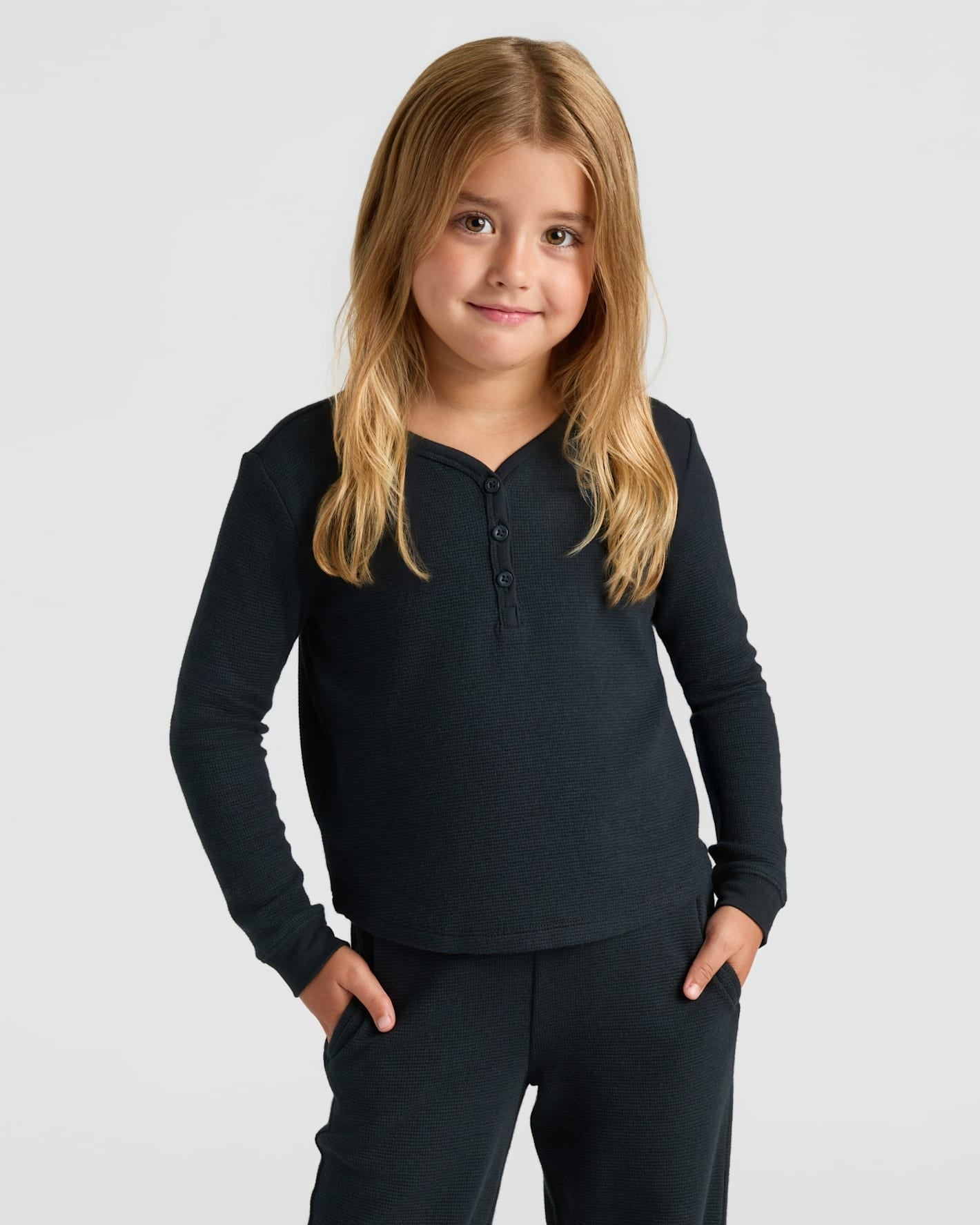 Girls Black Long Sleeve Boxy Waffle Henley