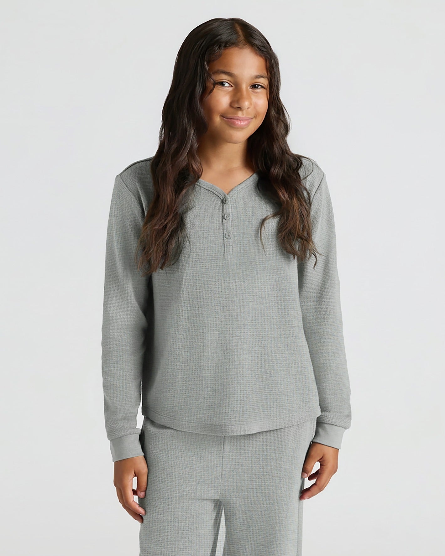 Girls Heather Gray Waffle Long Sleeve Henley & Waffle Leg Pants 2-Pack