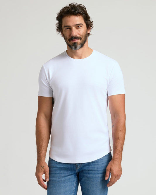 Optic White Pima Cotton Blend Curved Hem Crew