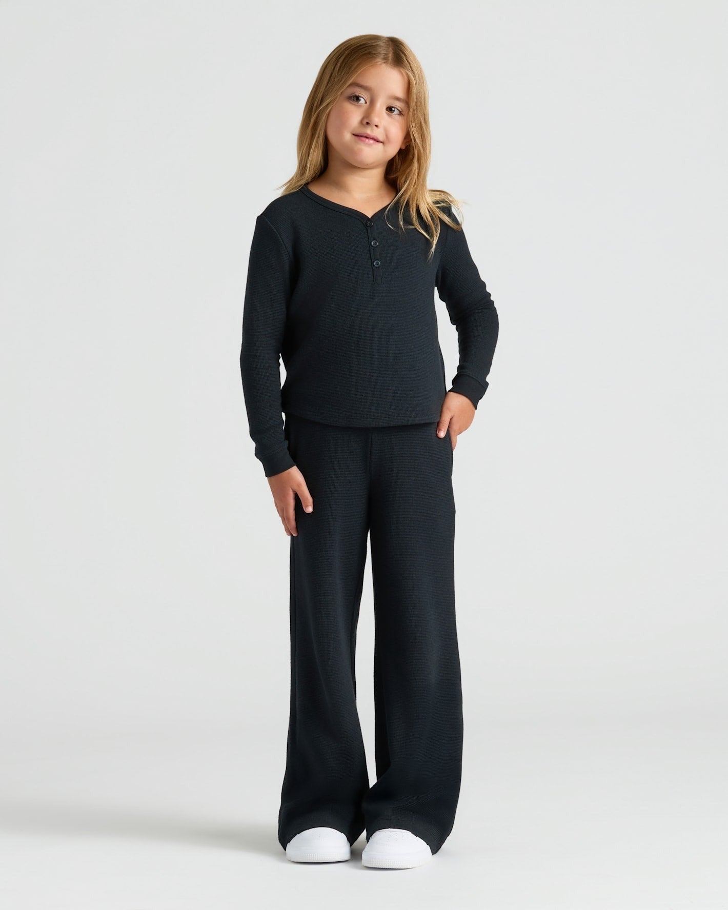 Girls Long Sleeve Boxy Waffle Henley 3-Pack
