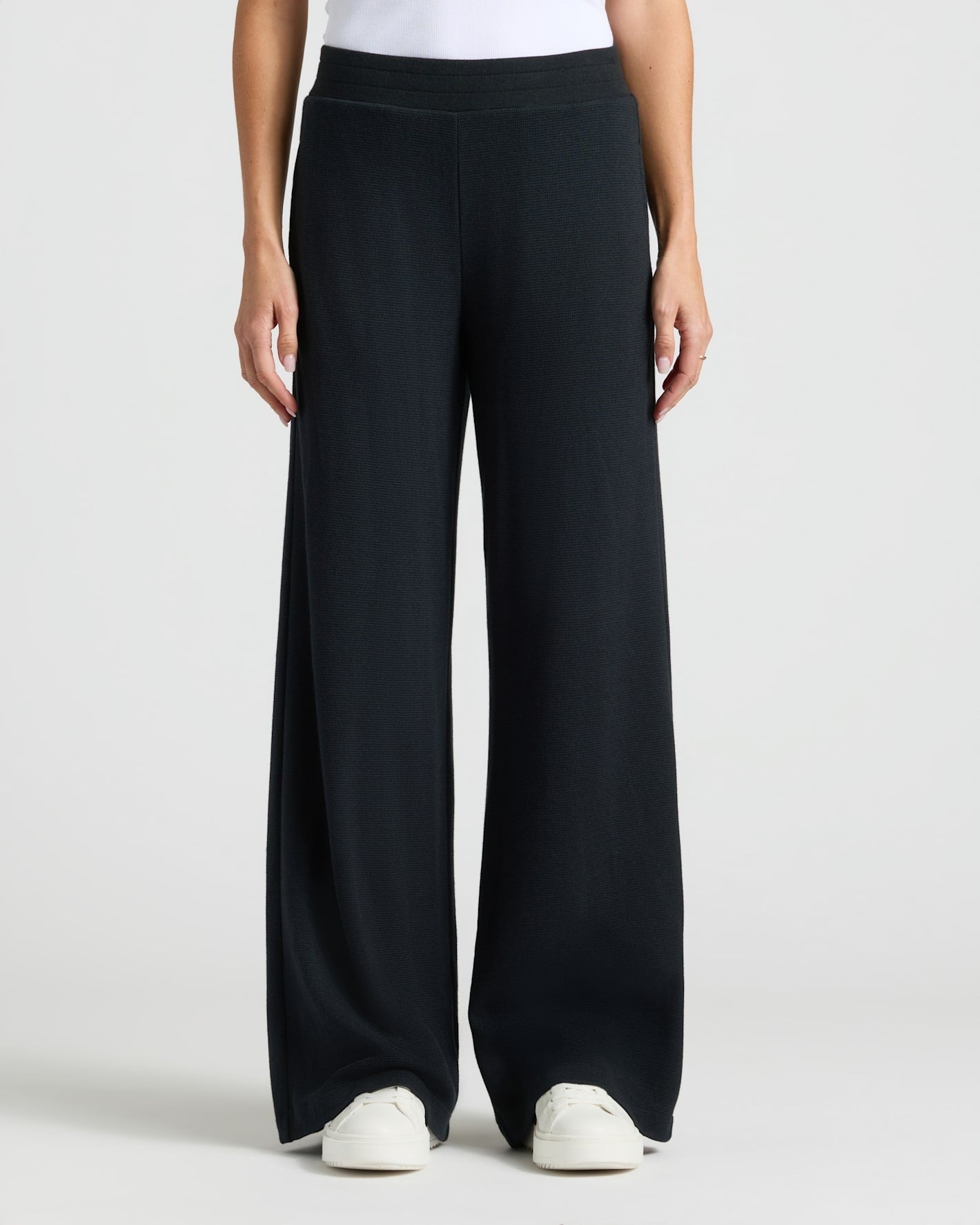 Womens Black Waffle Wide Leg Pants
