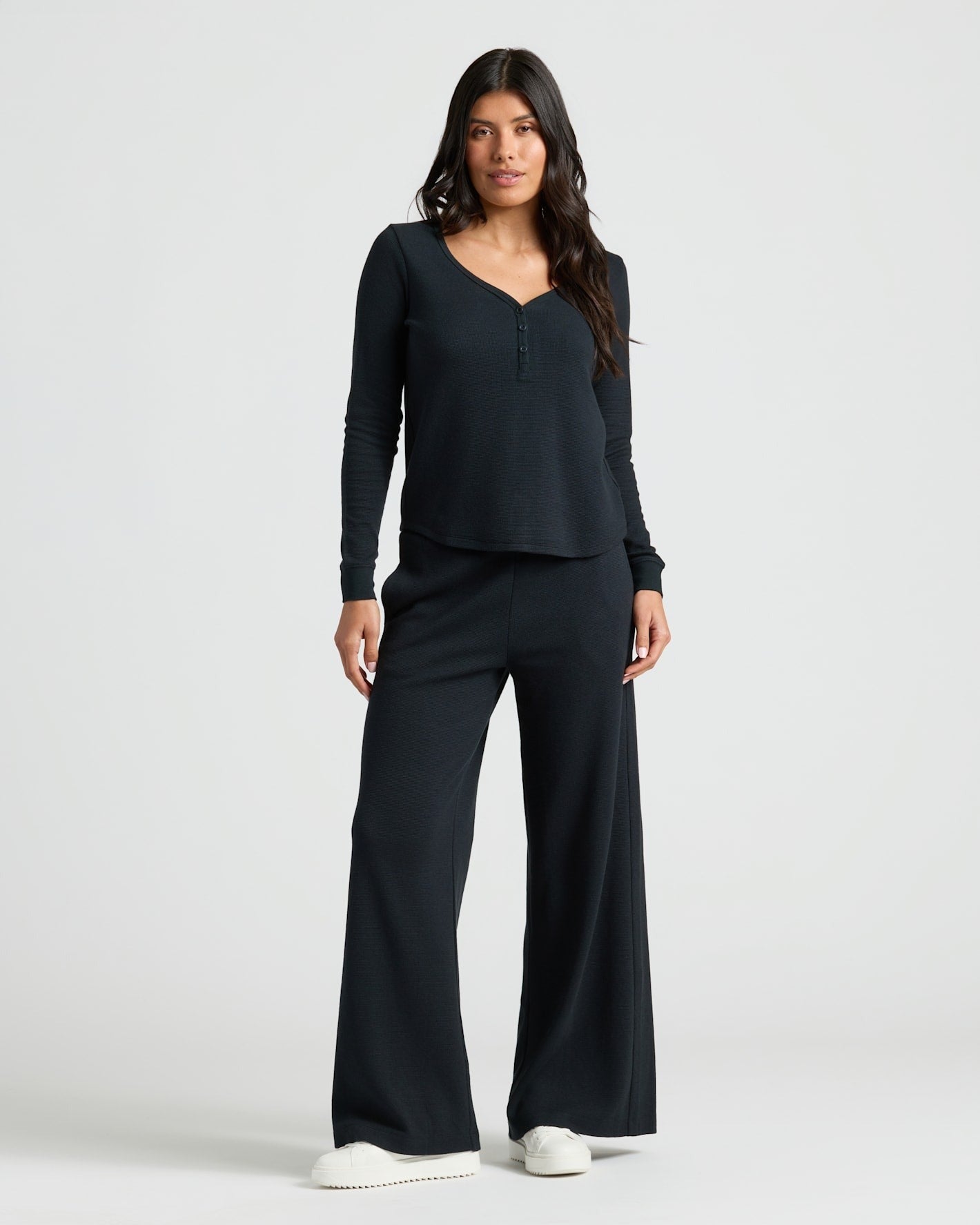 Womens Black Waffle Long Sleeve Henley & Waffle Leg Pant 2-Pack