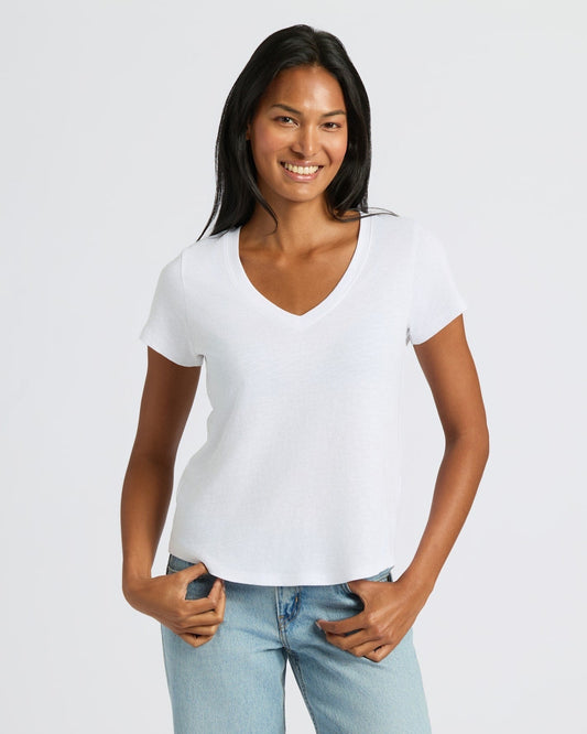 Womens White Relaxed Slub V-Neck Tee