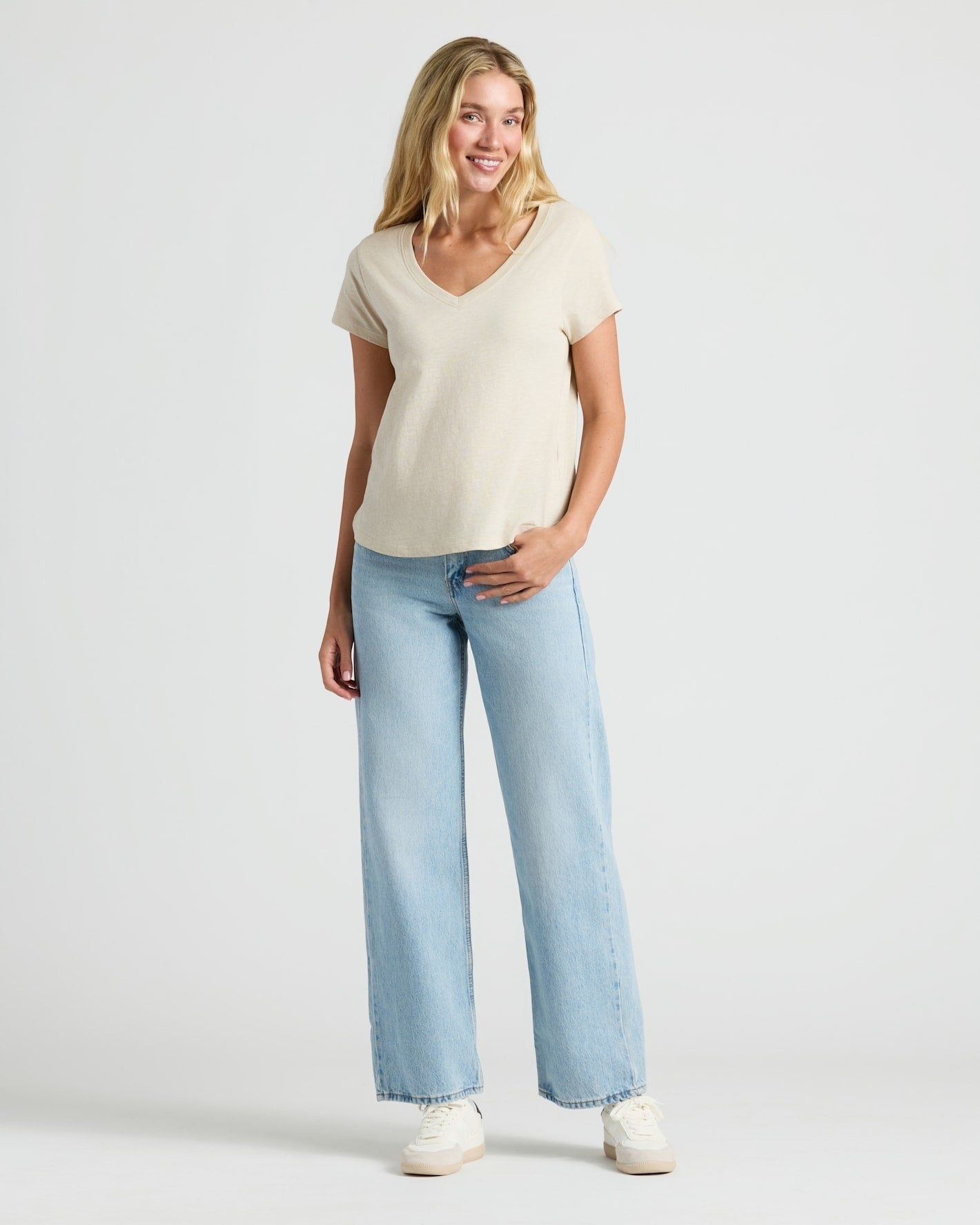 Womens Black & Oatmeal Relaxed Slub V-Neck Tee 2-Pack