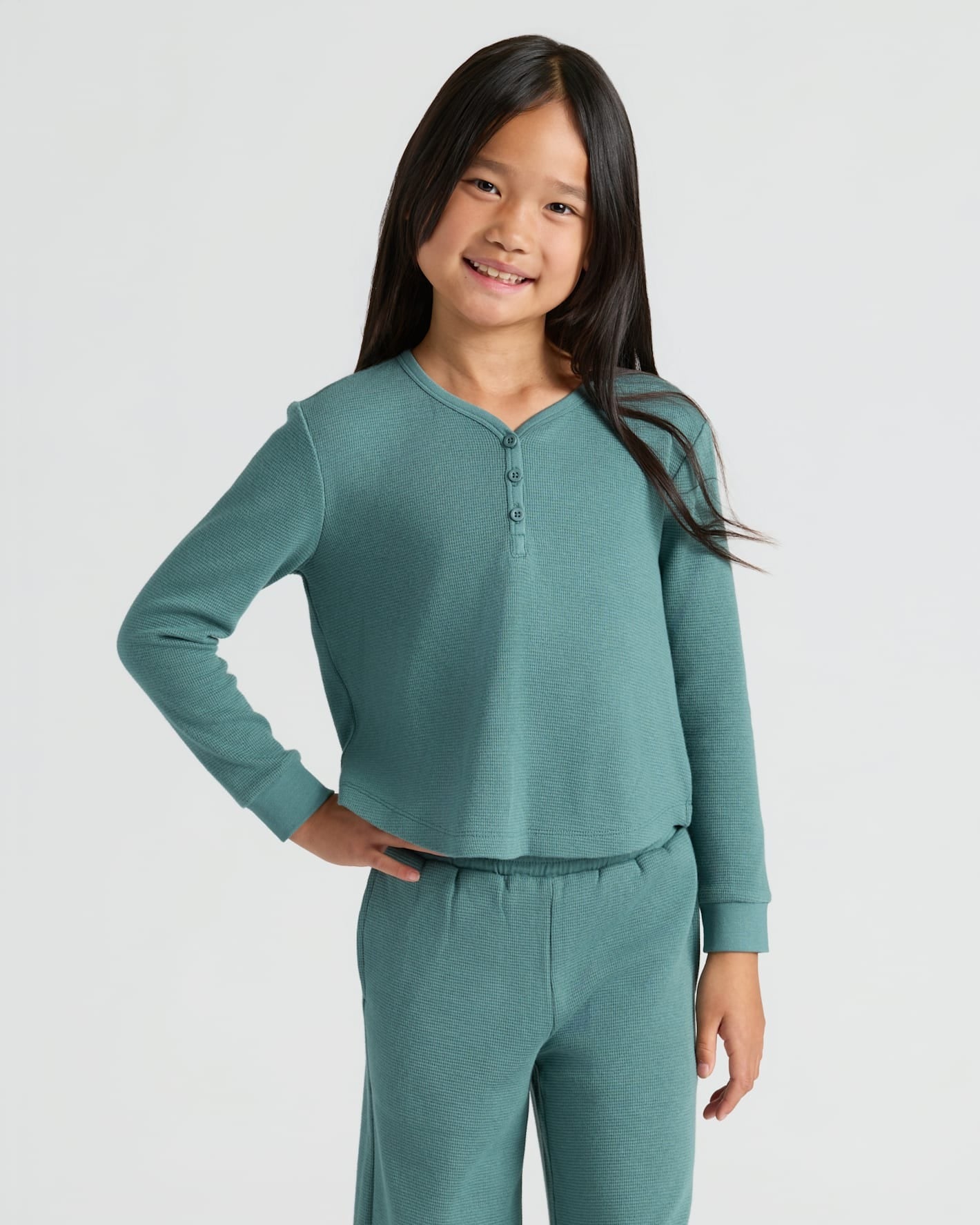 Girls Stormcloud Long Sleeve Boxy Waffle Henley