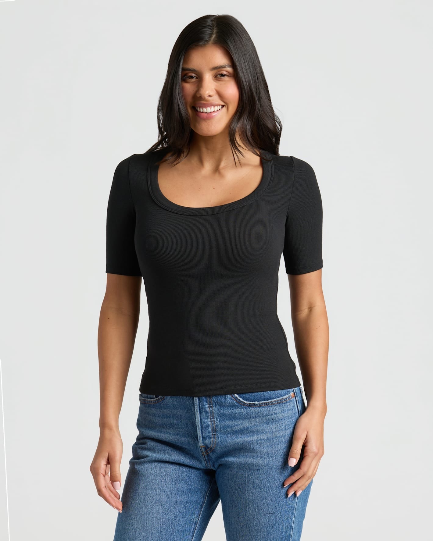 Womens Black Ribbed 3/4 Sleeve Scoop Neck Tee 3-Pack