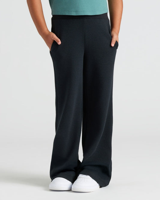 Girls Black Waffle Wide Leg Pants