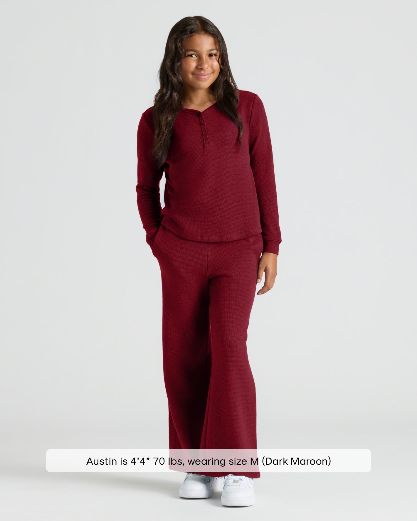 Girls Dark Maroon Waffle Wide Leg Pants